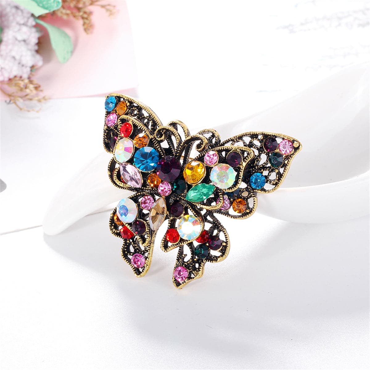 Blue Multicolor Crystal & Cubic Zirconia Butterfly Brooch
