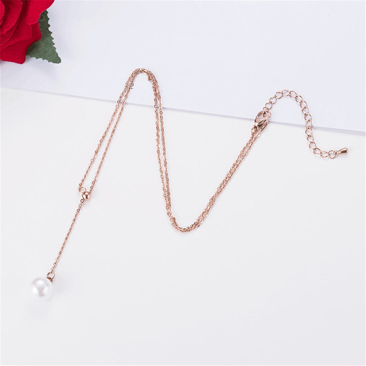 Pearl and 18K Rose Gold-Plated Lariat Necklace, rose gold pendant necklace for women, elegant gift for her, styled look