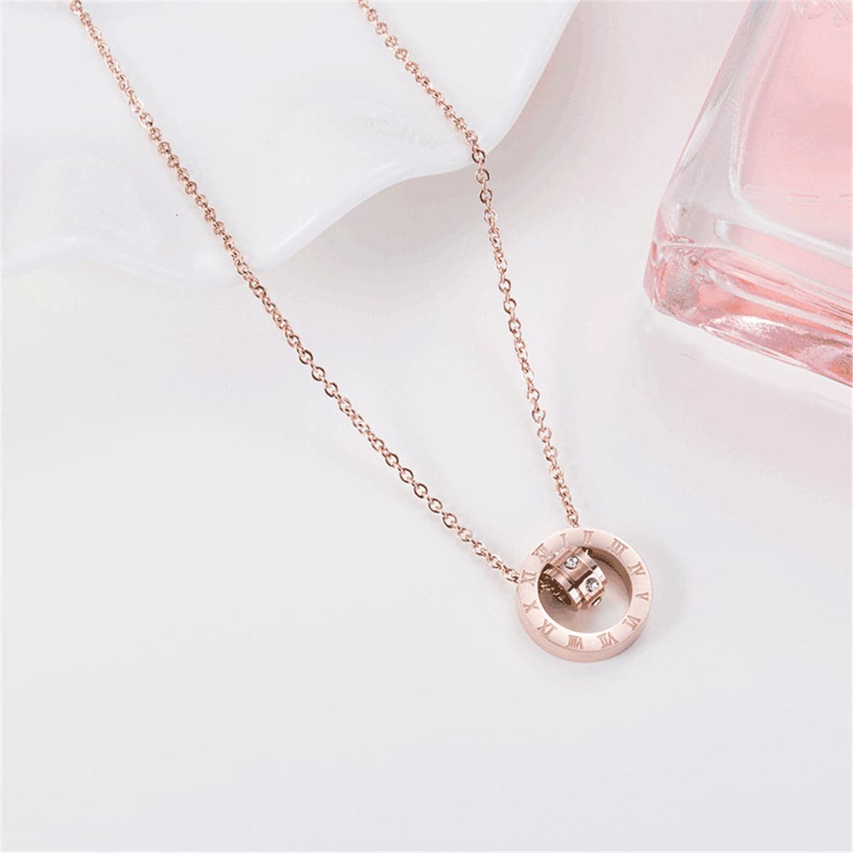 Cubic Zirconia & 18K Rose Roman Numeral Circle Pendant Necklace