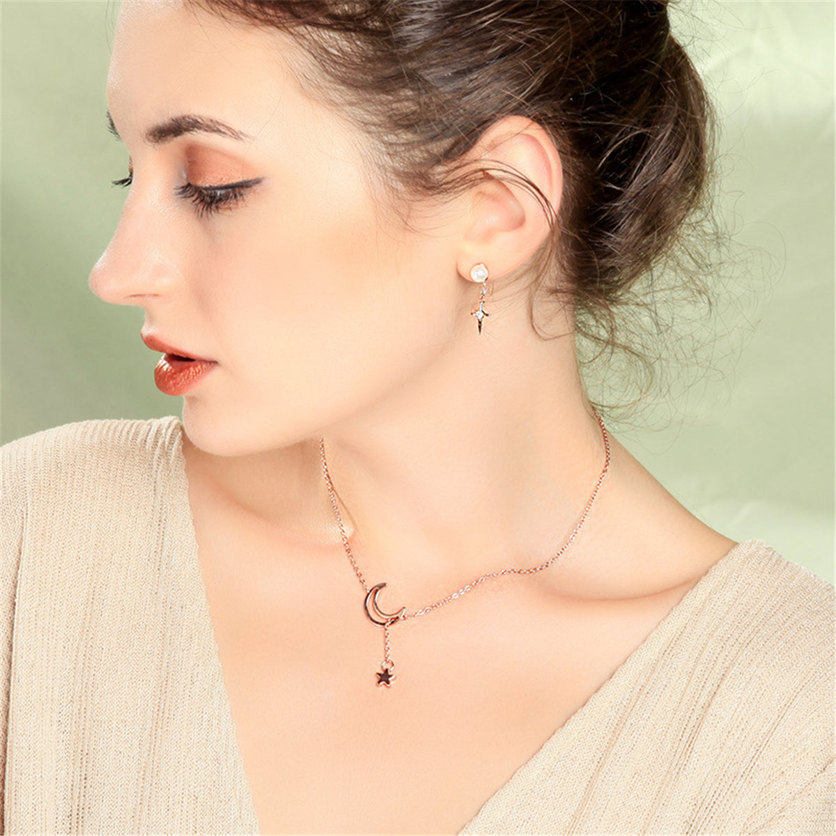 18K Rose Gold-Plated Moon and Star Pendant Necklace, rose gold pendant necklace for women, elegant gift for her, side view