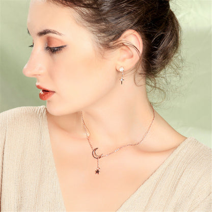 18K Rose Gold-Plated Moon and Star Pendant Necklace, rose gold pendant necklace for women, elegant gift for her, side view