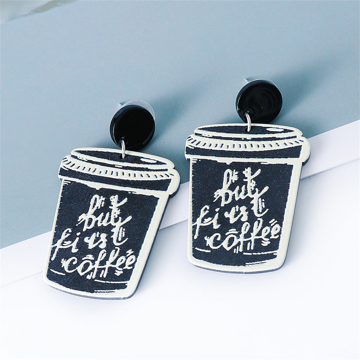 Black & Silver-Plated 'But First Coffee' Drop Earrings