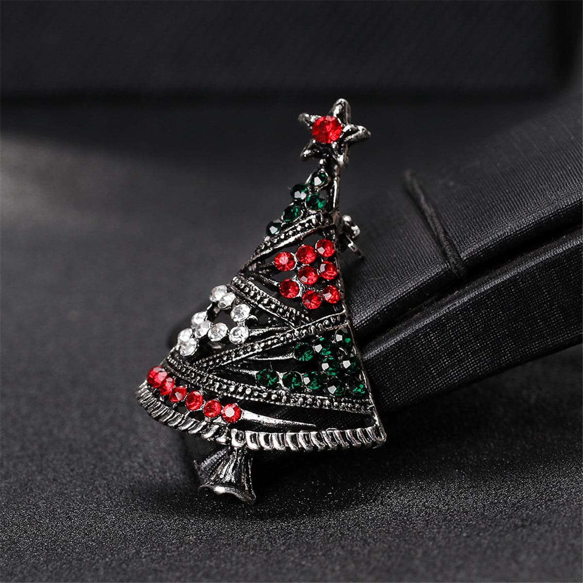 Cubic Zirconia & Silver-Plated Openwork Christmas Tree Brooch