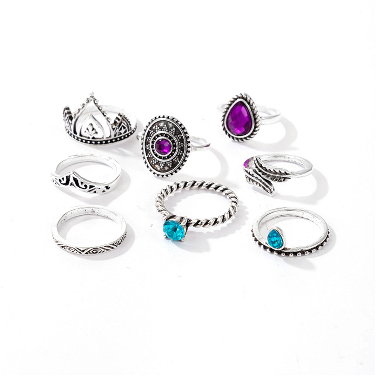 Purple & Teal Crystal Crown Leaf Ring Set