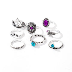 Purple & Teal Crystal Crown Leaf Ring Set