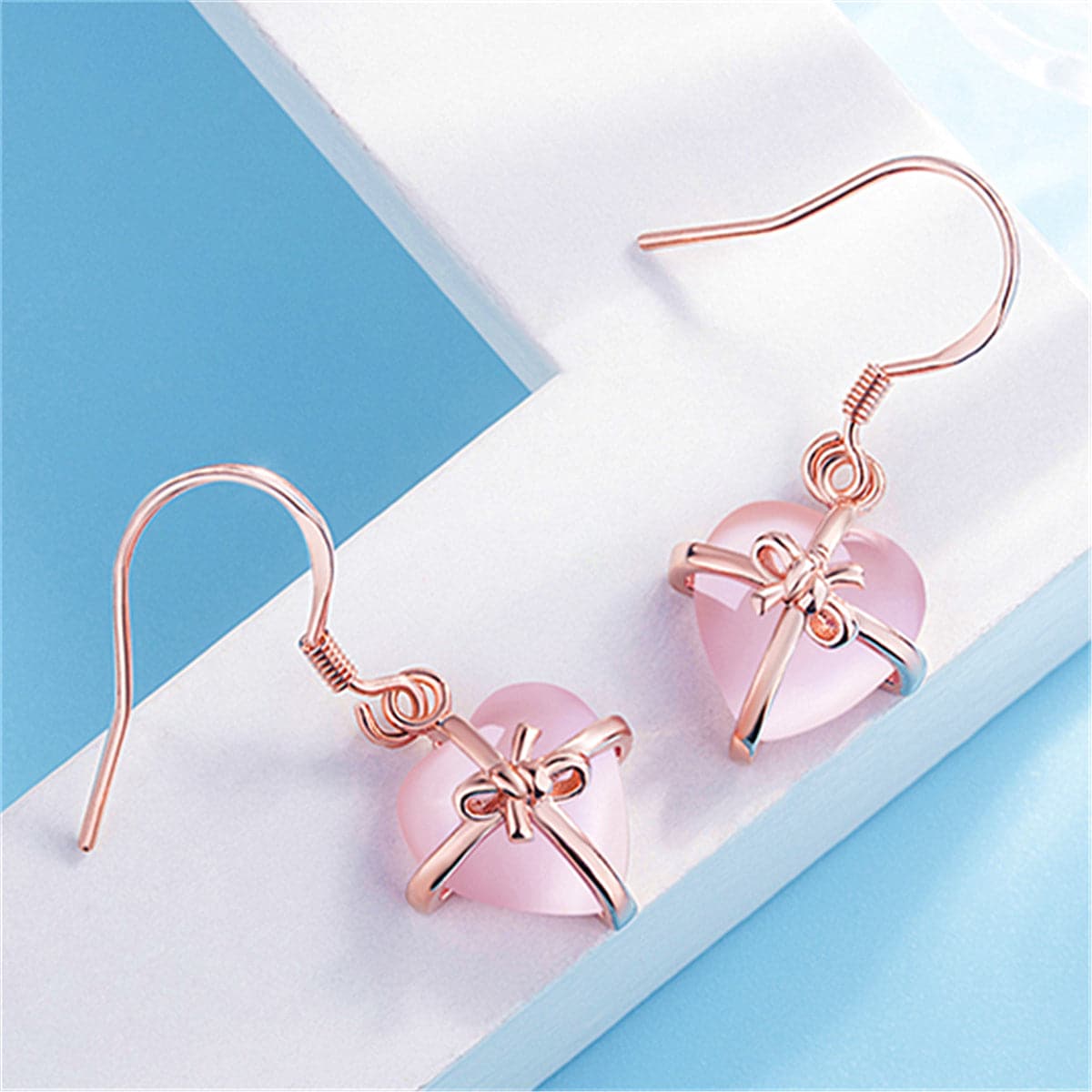 Rose Quartz and 18K Rose Gold-Plated Bezel Drop Earrings, rose gold drop earrings for women, detail close-up