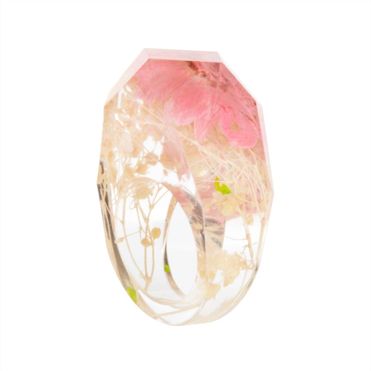 Pink and Natural Dried Flower Ring, statement rings for women, botanical inspired, side view