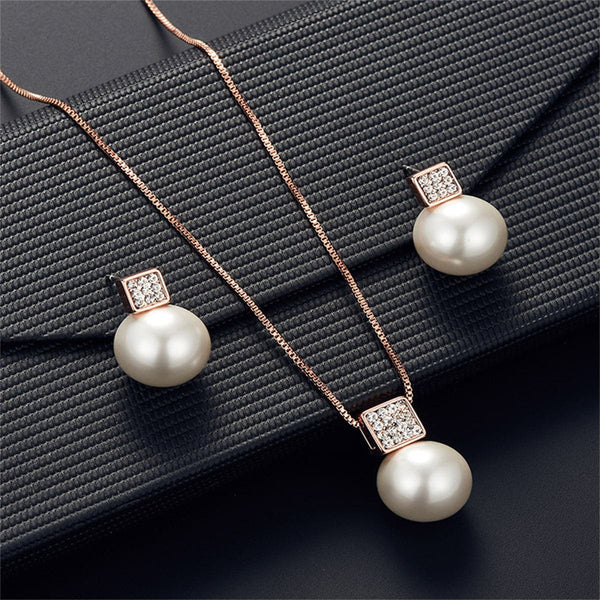 Imitation Pearl & Cubic Zirconia Goldtone Pendant Necklace & Drop Earrings