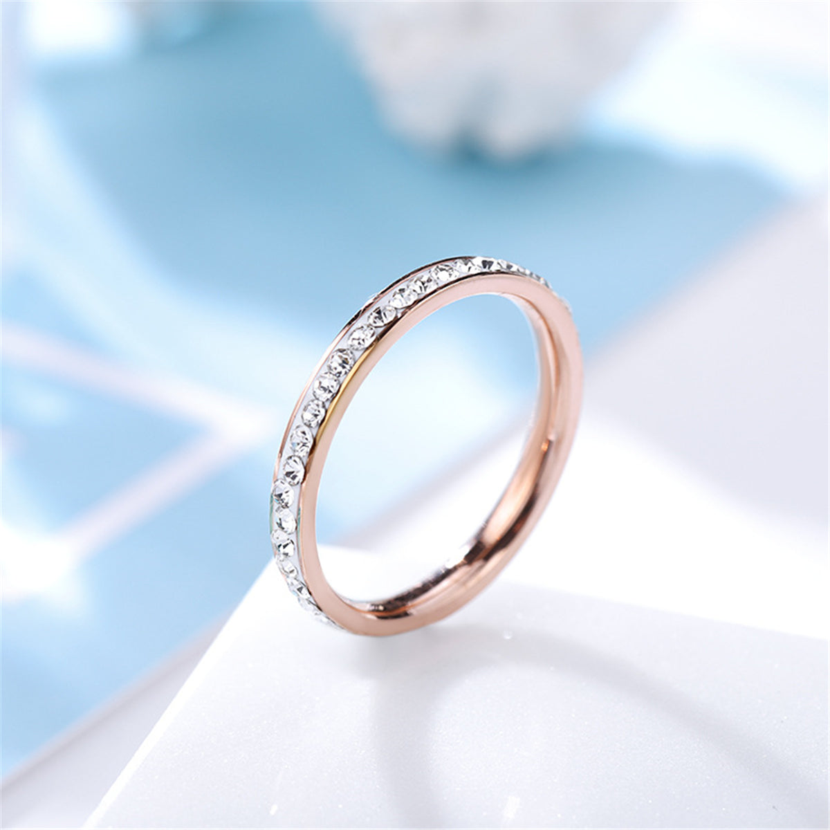 Cubic Zirconia and 18K Rose Gold-Plated Band, rose gold statement rings for women, everyday style, front view