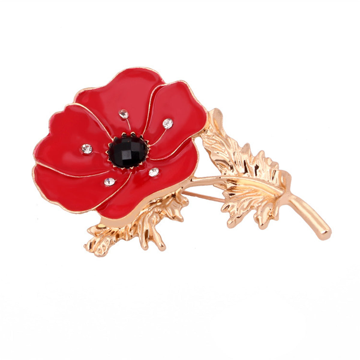Red Enamel and Black Cubic Zirconia 18K Gold-Plated Flower Brooch, gold brooch pin, elegant gift for her, side view