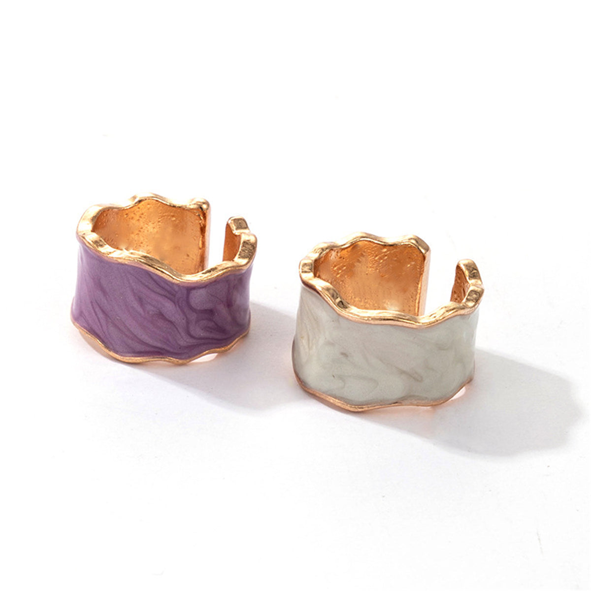Purple and White Enamel Marbled Abstract Adjustable Band Set, statement rings for women, elegant gift for her, side view