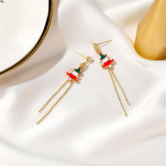 Cubic Zirconia & Red Enamel 18K Gold-Plated Christmas Tree Tassel Drop Earrings