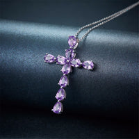 Purple Crystal & Silver-Plated Pear Cut Cross Pendant Necklace