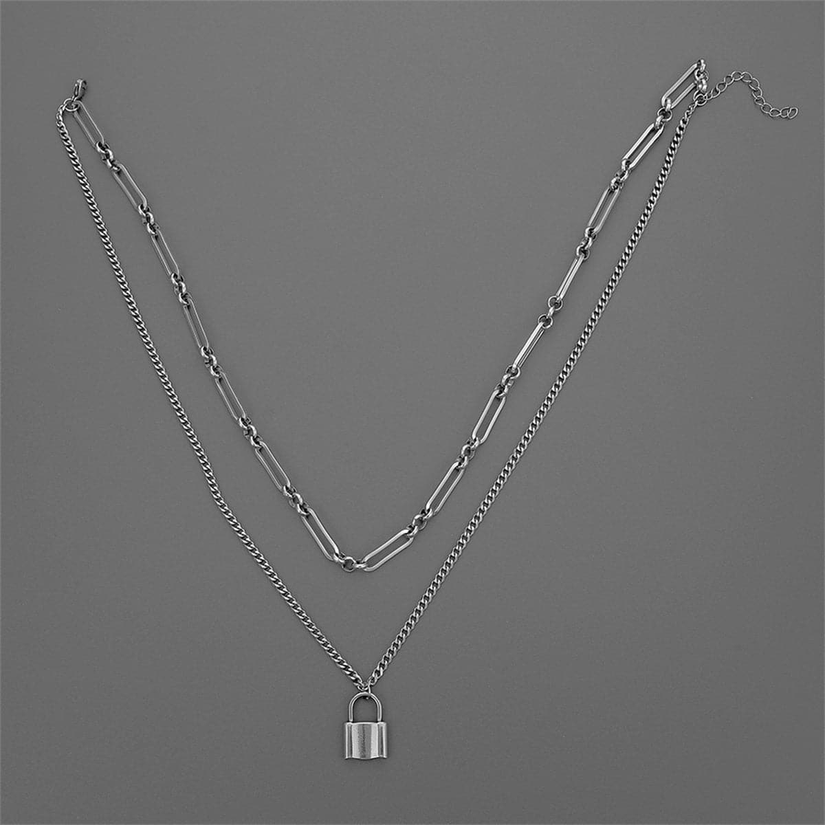 Silver-Plated Lock Layered Pendant Necklace, silver pendant necklace for women, elegant gift for her, detail close-up