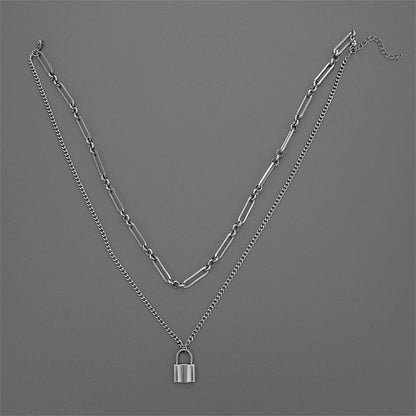 Silver-Plated Lock Layered Pendant Necklace, silver pendant necklace for women, elegant gift for her, detail close-up