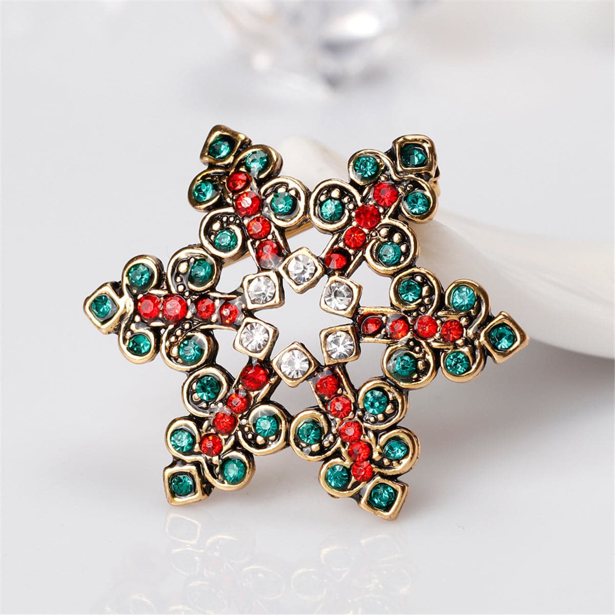 Cubic Zirconia and Openwork Snowflake Brooch, brooch pin, botanical inspired, detail close-up