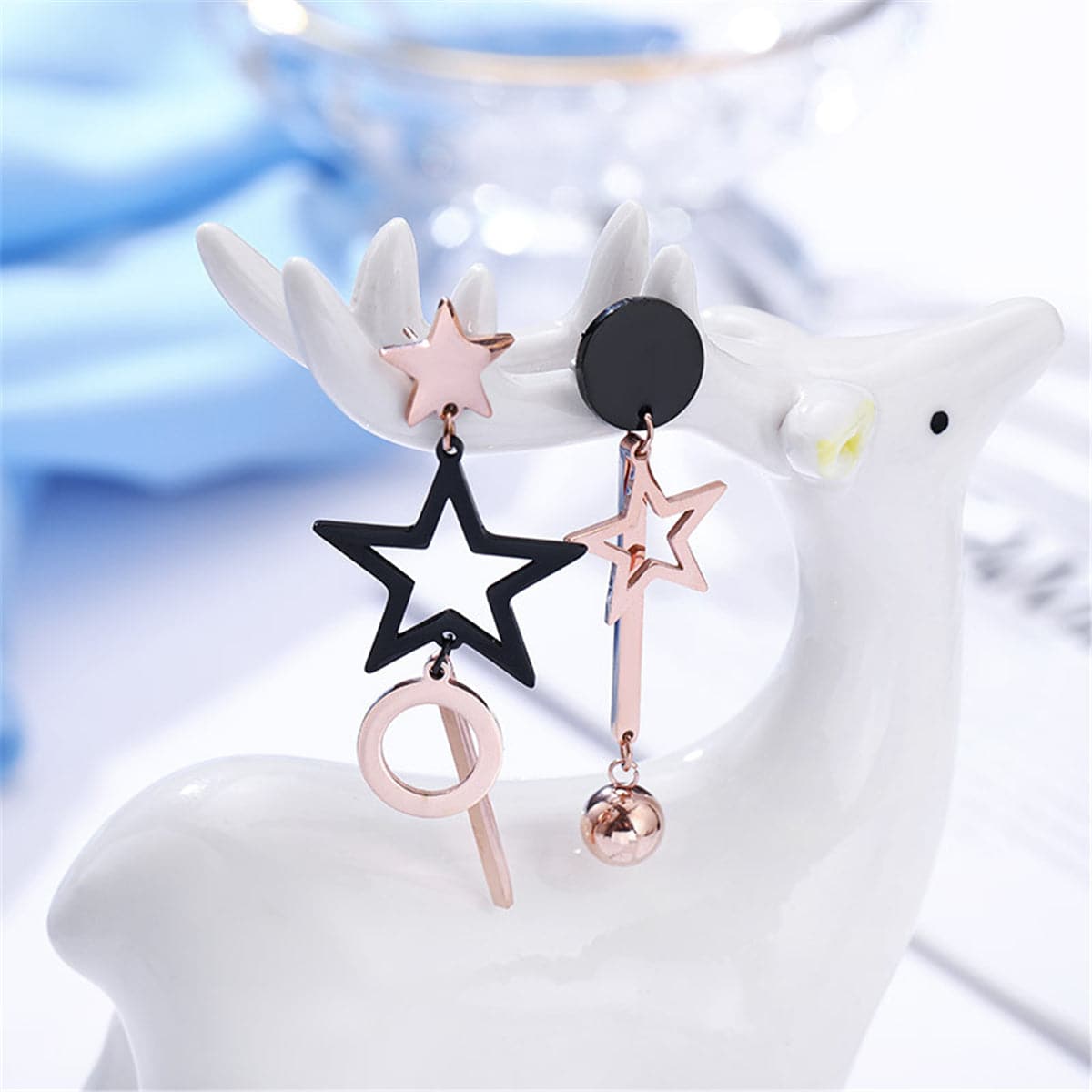 Black and 18K Rose Gold-Plated Star Asymmetric Drop Earrings, rose gold drop earrings for women, lifestyle look