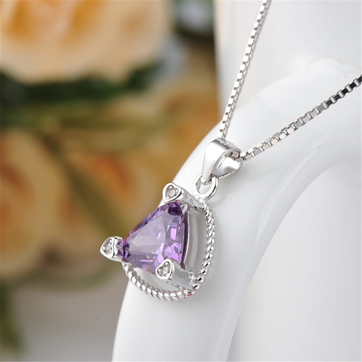 Purple Crystal and Silver-Plated Triangle Frame Pendant Necklace, silver pendant necklace for women, side view