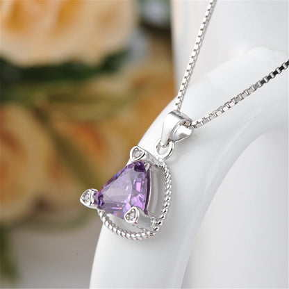 Purple Crystal and Silver-Plated Triangle Frame Pendant Necklace, silver pendant necklace for women, side view