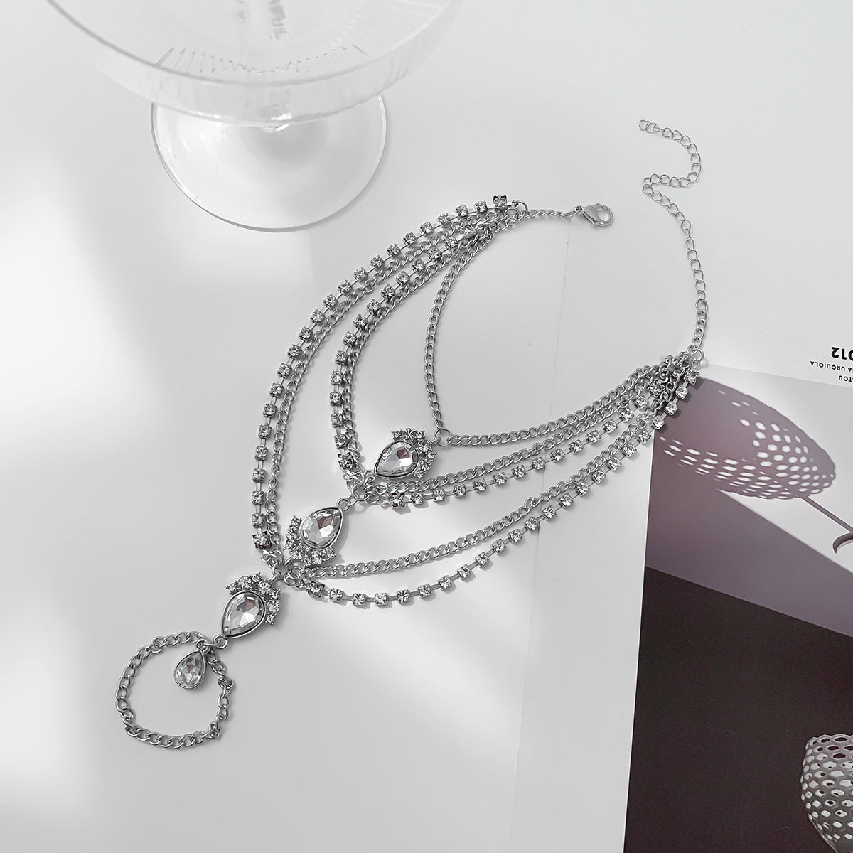 Cubic Zirconia & Crystal Silver-Plated Layered Toe Ring Anklet