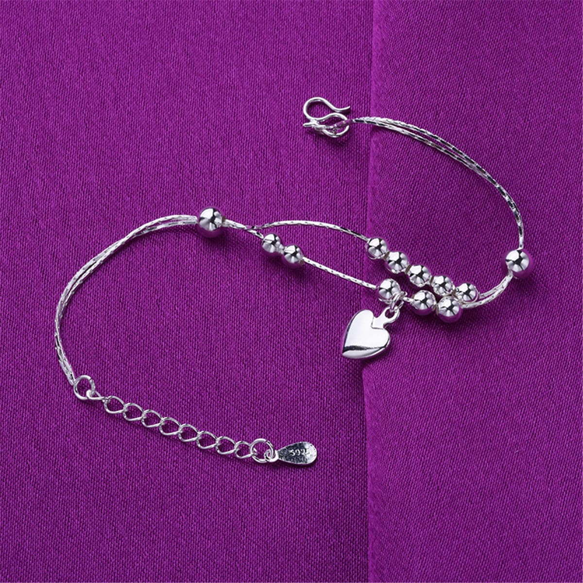 Silver-Plated Beaded Heart Charm Anklet