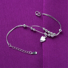 Silver-Plated Beaded Heart Charm Anklet