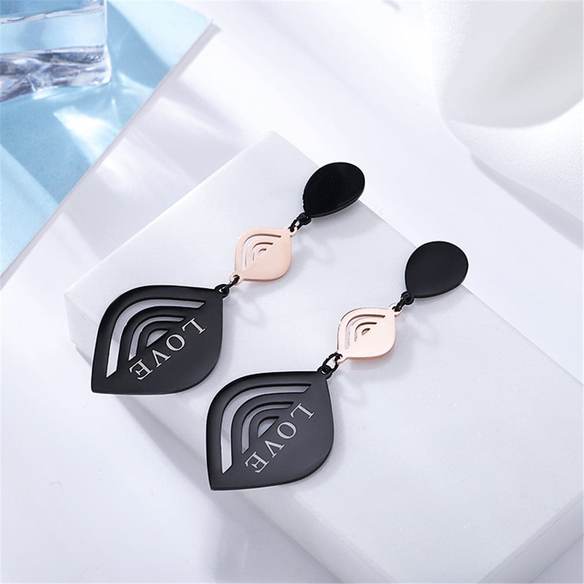 18K Rose Gold-Plated and Black 'Love' Laurel Drop Earrings, rose gold drop earrings for women, botanical inspired, front view