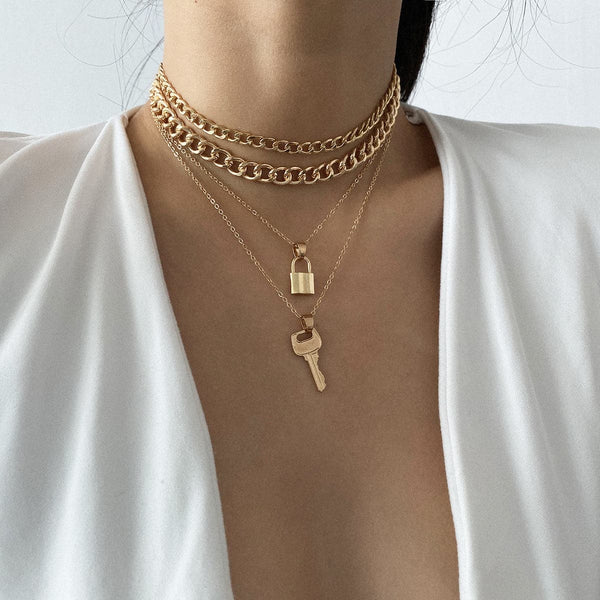 Goldtone Lock & Key Pendant Necklace Set
