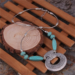 Turquoise & Silver-Plated Geometric Pendant Necklace