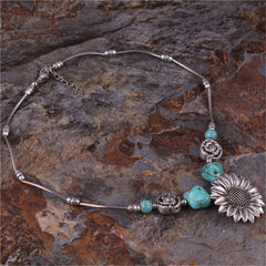 Turquoise & Silver-Plated Sunflower Pendant Necklace