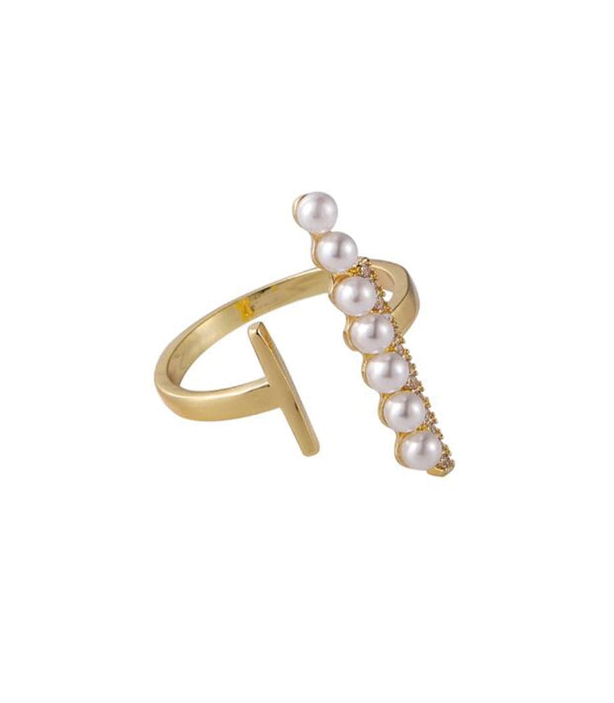 Pearl and Cubic Zirconia 18K Gold-Plated Bar Open Ring, gold statement rings for women, detail close-up