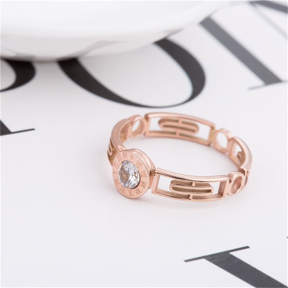 Crystal & 18k Rose Gold-Plated Roman Numeral Ring - streetregion