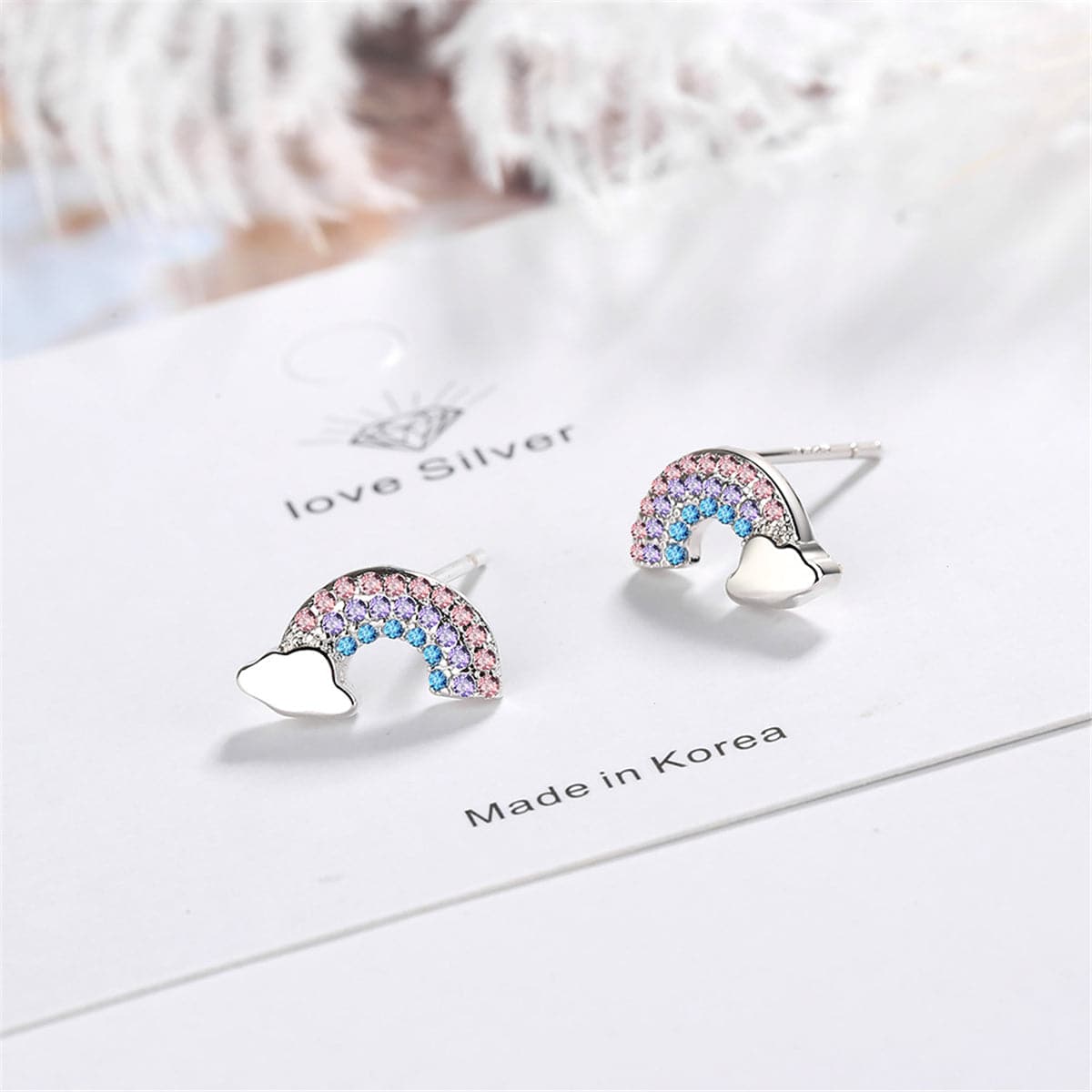 Cubic Zirconia & Silver-Plated Rainbow Stud Earrings
