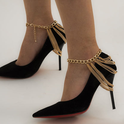 18K Gold-Plated Figaro Layered Tassel Anklet, gold anklet bracelet, dainty minimalist design, front view