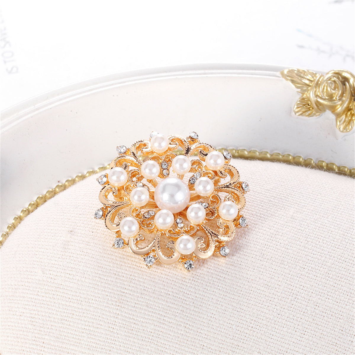 Clear Cubic Zirconia and Pearl 18K Gold-Plated Round Floral Brooch, gold brooch pin, botanical inspired, detail close-up