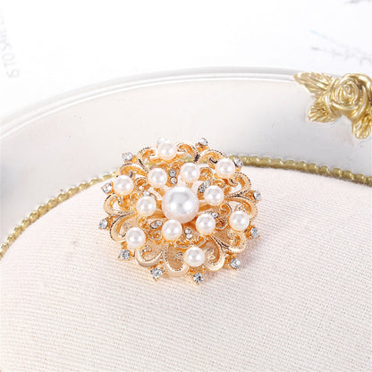 Clear Cubic Zirconia and Pearl 18K Gold-Plated Round Floral Brooch, gold brooch pin, botanical inspired, detail close-up