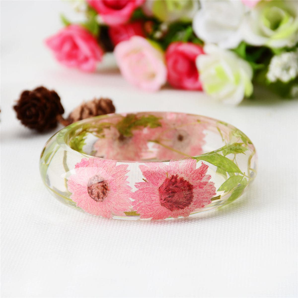 Green & Pink Dried Flower Bangle