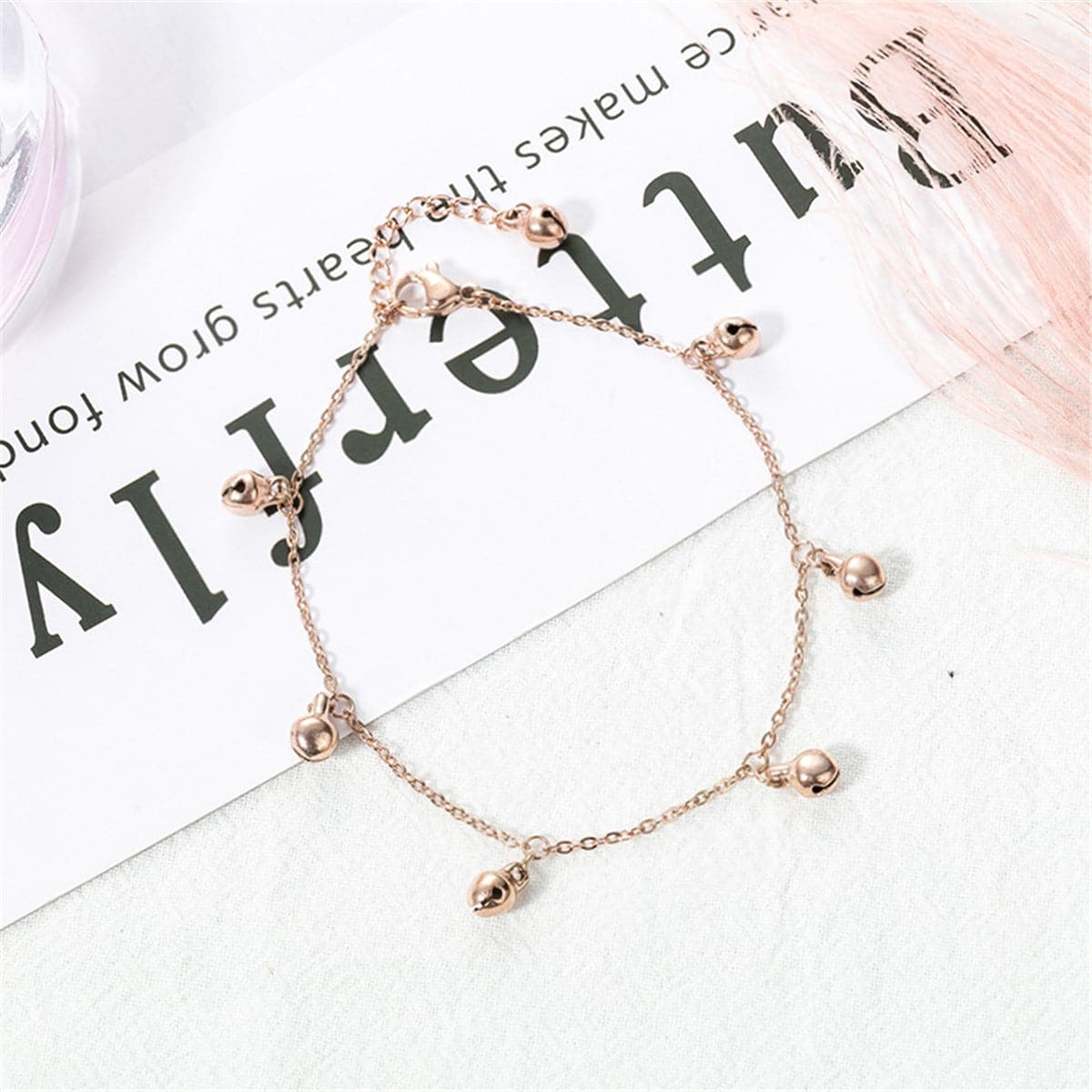 18K Rose Gold-Plated Bell Station Anklet, rose gold anklet bracelet, elegant gift for her, lifestyle look