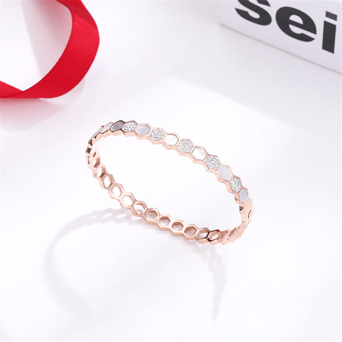 Cubic Zirconia and Shell Honeycomb Bangle, bangle bracelet, vintage-inspired design, styled look