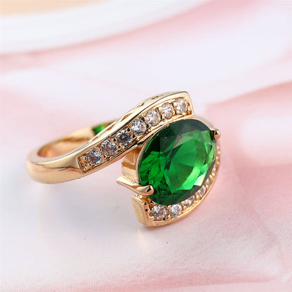 Green Crystal and Cubic Zirconia 18K Gold-Plated Ring, gold statement rings for women, detail close-up