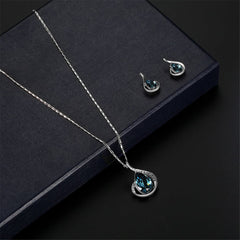 Blue & Silver-Plated Pear Pendant Necklace & Drop Earrings