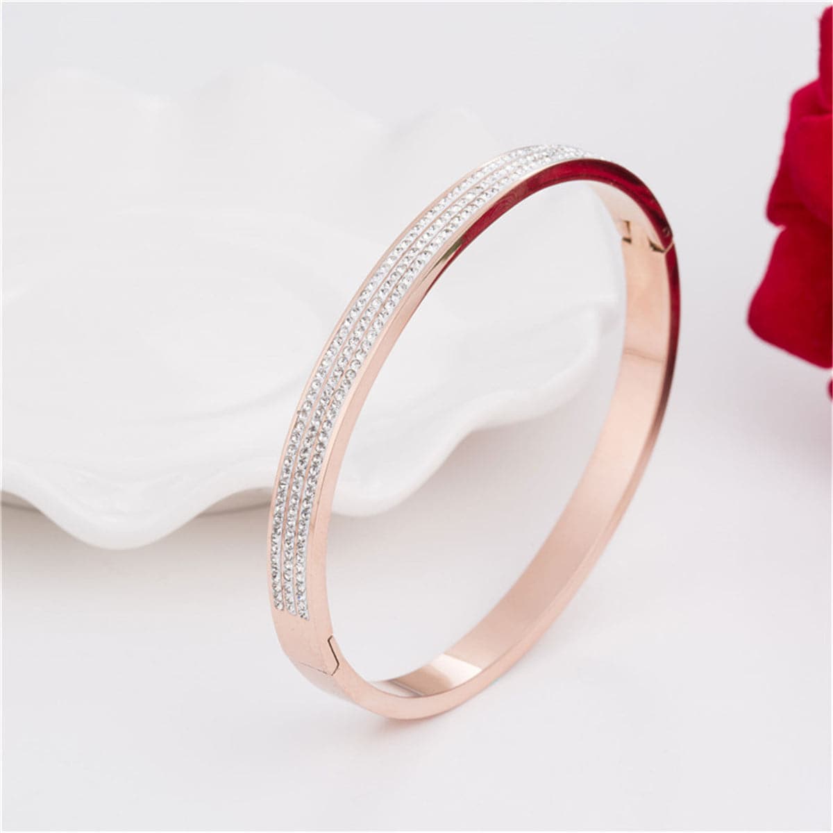 Cubic Zirconia and 18K Rose Gold-Plated Pavé-Set Layer Bangle, rose gold bangle bracelet, lifestyle look