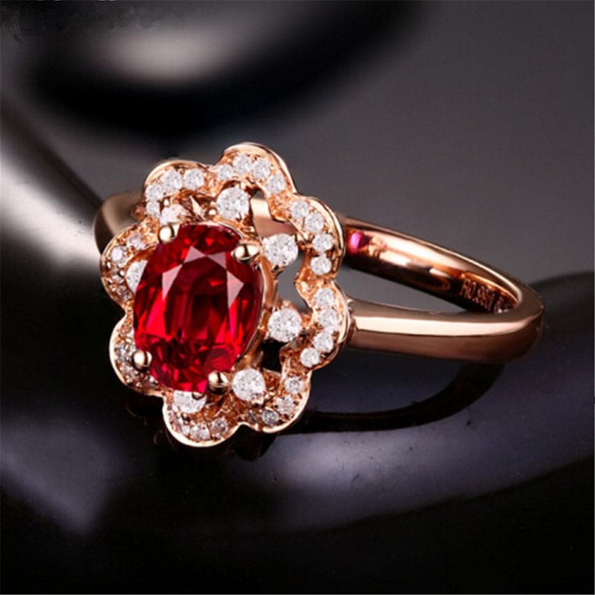 Red Crystal and Cubic Zirconia Flower Edge Ring, statement rings for women, vintage-inspired design, side view