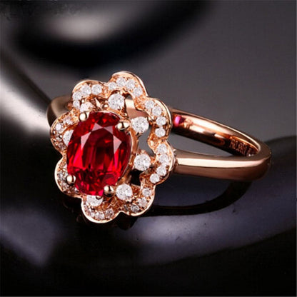 Red Crystal and Cubic Zirconia Flower Edge Ring, statement rings for women, vintage-inspired design, side view