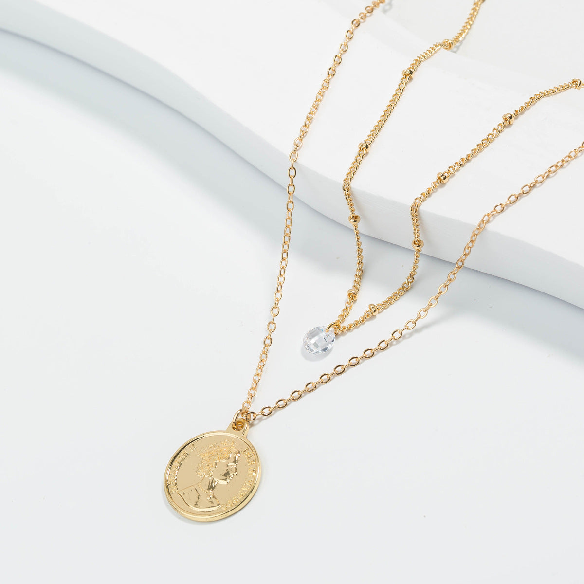 Cubic Zirconia & 18K Gold-Plated Coin Layered Necklace