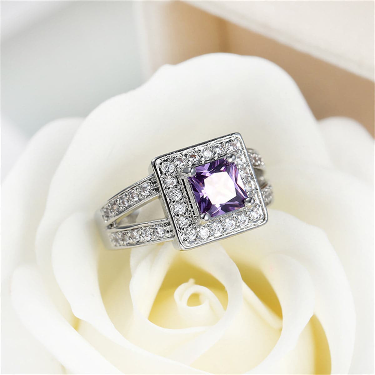 Purple Crystal & Cubic Zirconia Silver-Plated Halo Princess-Cut Ring