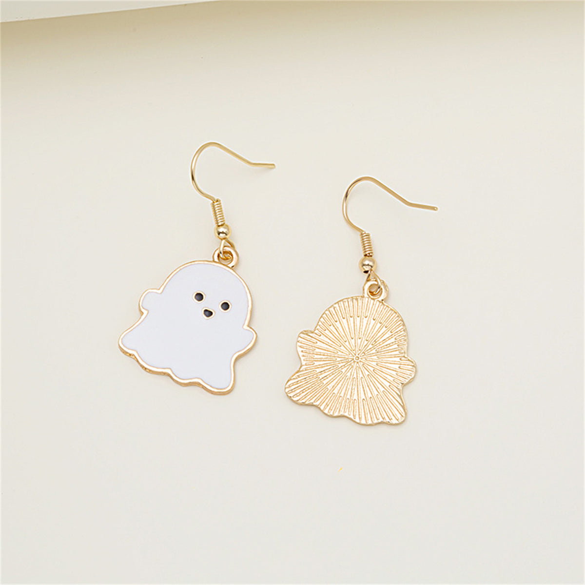 White Enamel and 18K Gold-Plated Ghost Drop Earrings, gold drop earrings for women, vintage-inspired design, detail close-up