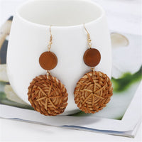 Dark Wood & Rattan Round Drop Earrings