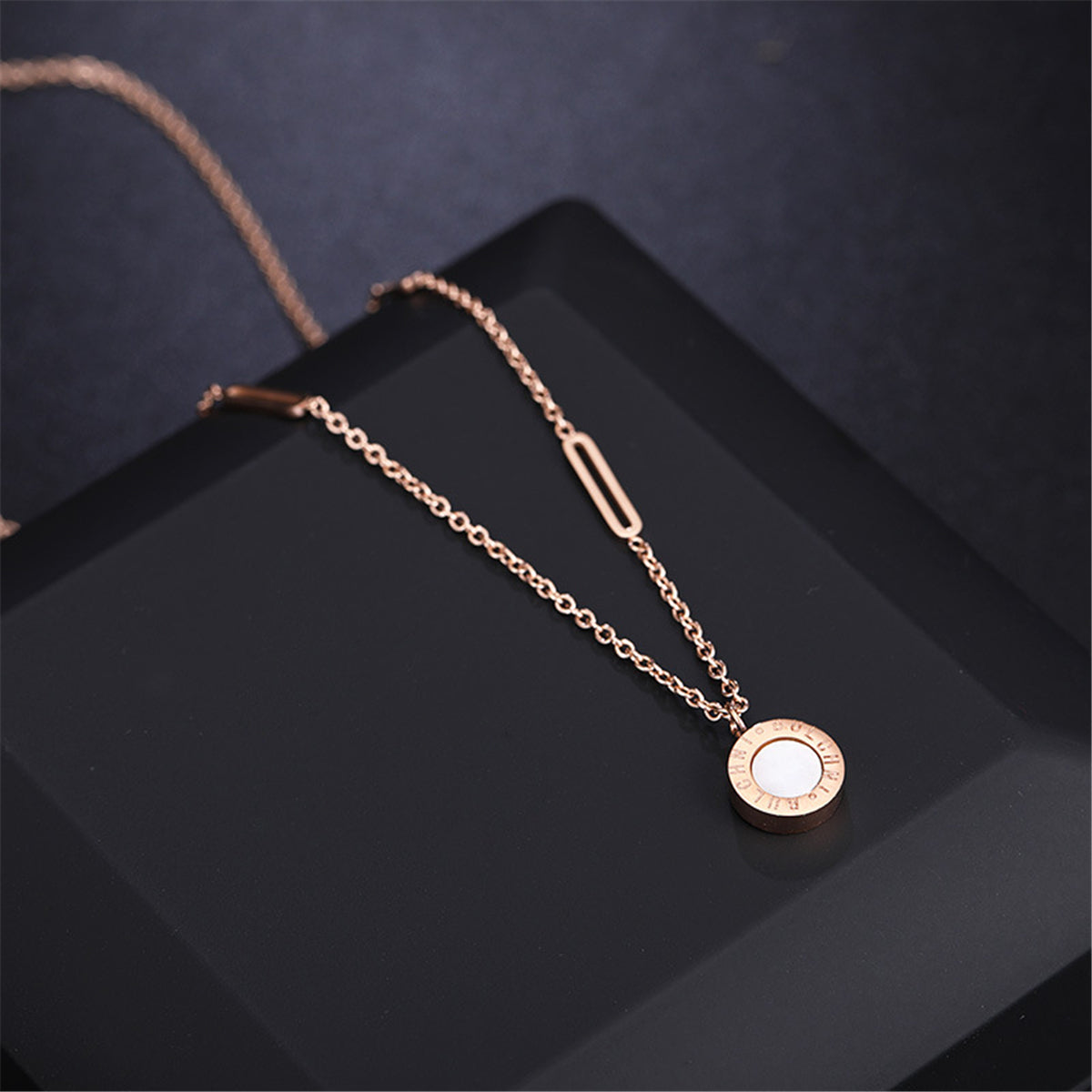Black and 18K Rose Gold-Plated Roman Numeral Plate Pendant Necklace, rose gold pendant necklace for women, styled look