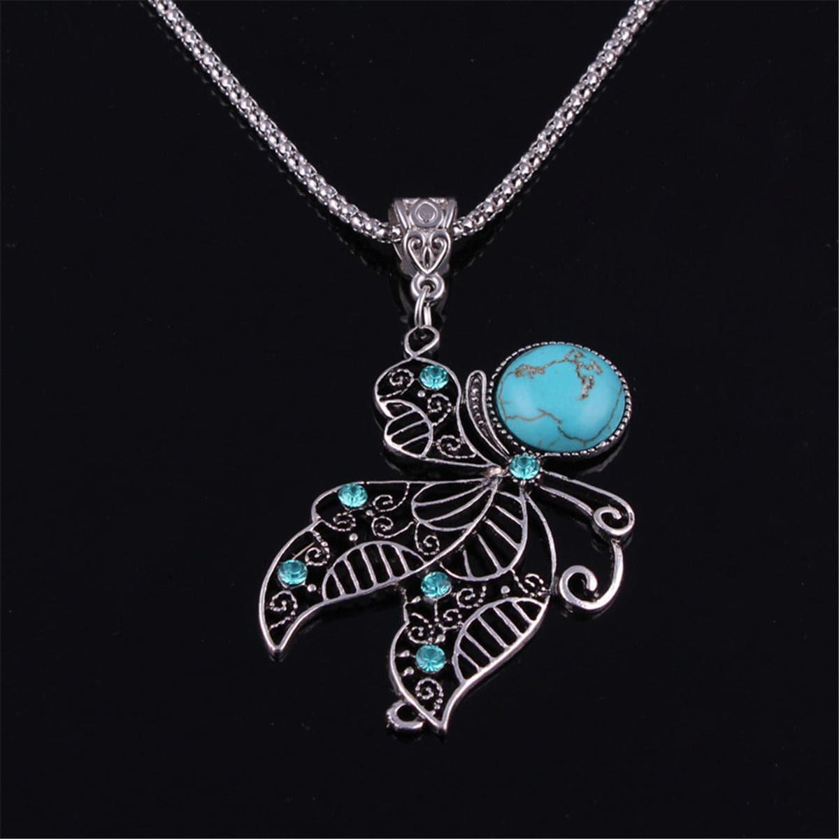 Turquoise & Cubic Zirconia Silver-Plated Butterfly Pendant Necklace